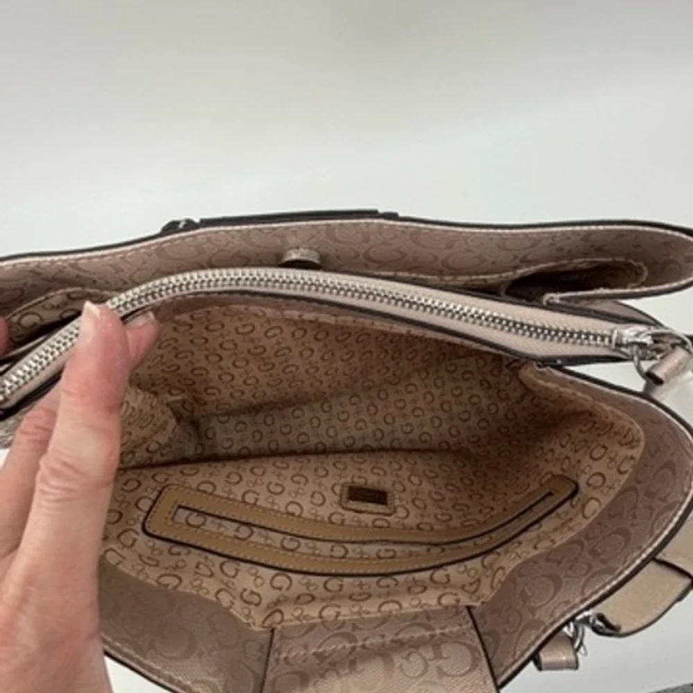Guess Metallic Champagne Logo Satchel‎ Crossbody Handbag with Flower Charm